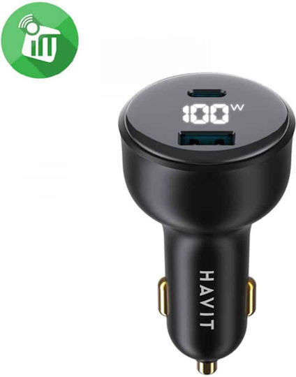 Havit Havit Auto-Ladegerät 100W mit Anschlüssen 1xUSB-A 1xType-C inklusive Kabel Typ-C Schwarz Farbe