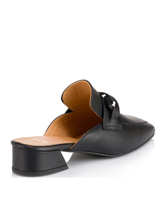 Leather Mules with Chunky Low Heel in Black Color