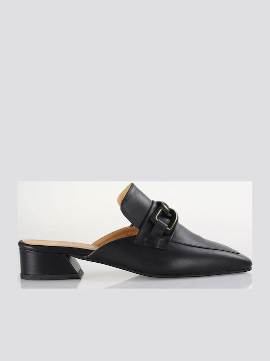 Leather Mules with Chunky Low Heel in Black Color
