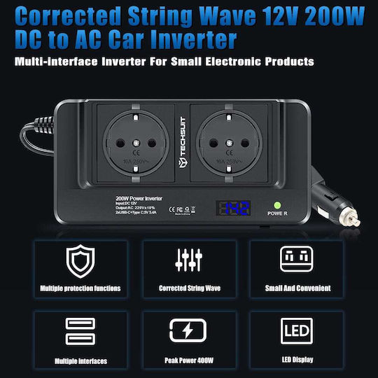Techsuit Инвертор за кола 200W за преобразуване на 12V DC в 220V AC с 3xUSB