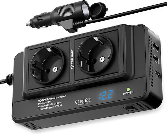 Techsuit Инвертор за кола 200W за преобразуване на 12V DC в 220V AC с 3xUSB