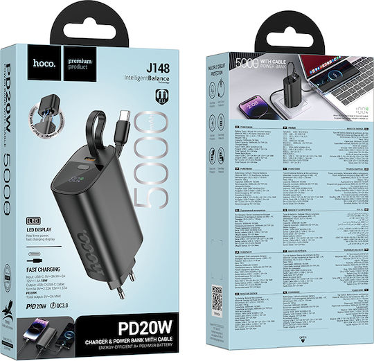 Hoco J148 Handy Power Bank 5000mAh 20W με Θύρα USB-C Power Delivery Μαύρο