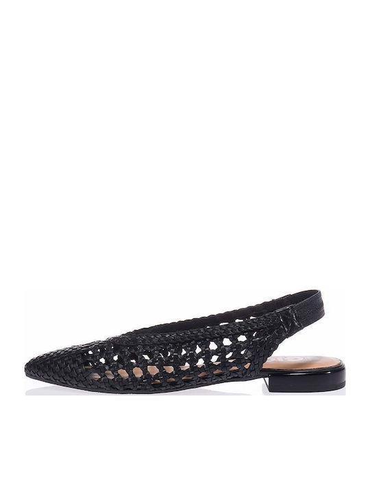 Δερμάτινες Γυναικείες Μπαλαρίνες Slingback με Λουράκι σε Μαύρο Χρώμα