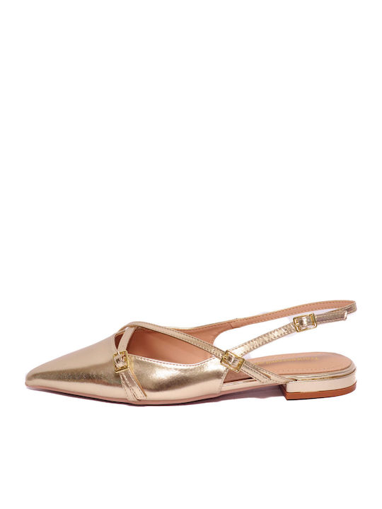 Leather Pointy Slingback Ballerinas With strap Gold