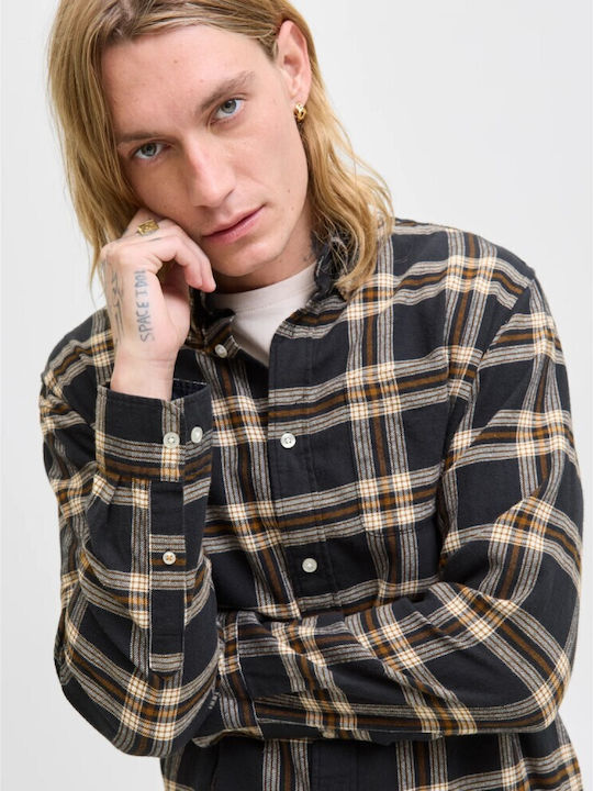 Long Sleeve Flannel Shirt in Regular Fit Checked Black