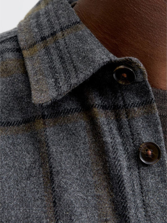 Дълъг Ръкав Памучен Overshirt с Стандартна Кройка Каре Сив