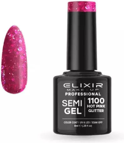 Elixir Semi Gel Ημιμόνιμο Βερνίκι Νυχιών 1100 Hot Pink Glitter με Glitter 8ml