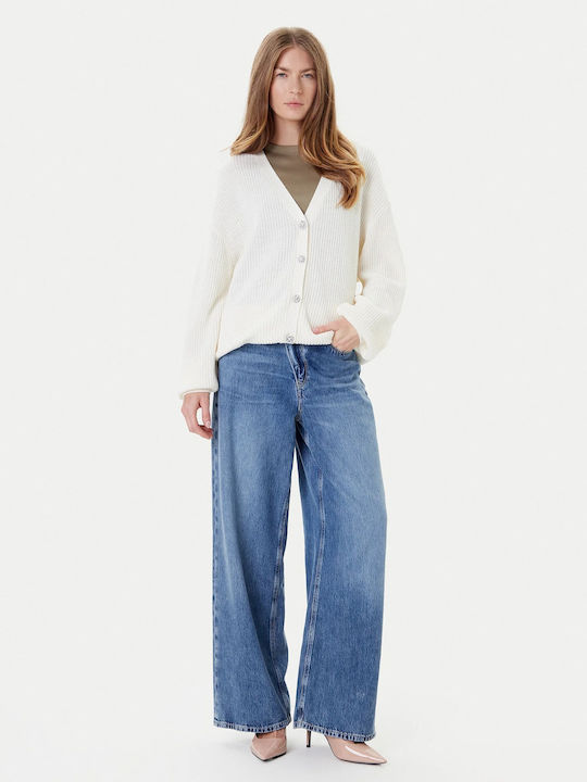 Long Women's Knitted Cardigan with Buttons Ecru