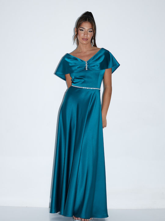 petrol blue satin dress Off-Shoulder Satin Fit Flare Dress Eucaliptus / 12