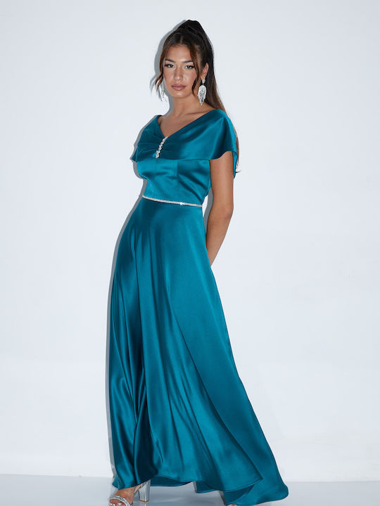 Maxi Evening Dress Satin Open Back Petrol Blue