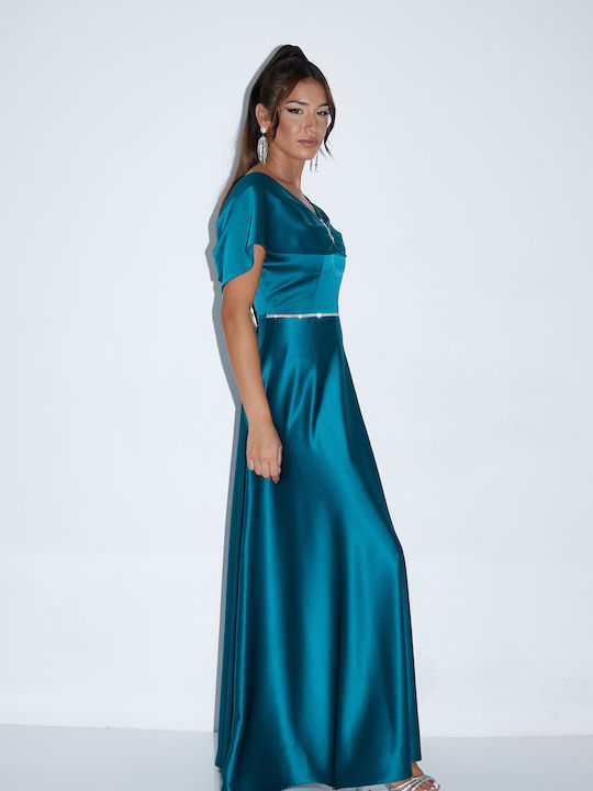 Maxi Evening Dress Satin Open Back Petrol Blue