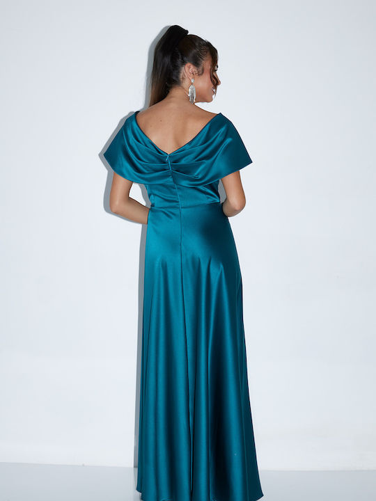 Maxi Evening Dress Satin Open Back Petrol Blue