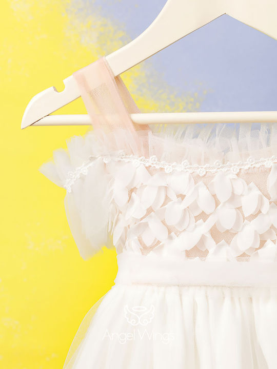 Angel Wings Ecru Baptism Clothes Set with Hair Accessories and Tulle Dress 2 Pieces