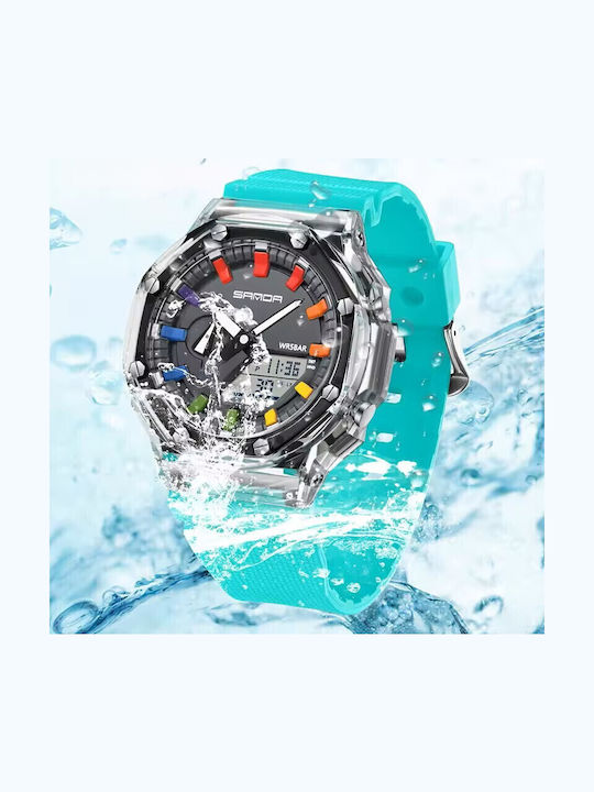 Sanda Digital Men's Watch Battery with Turquoise Rubber Strap