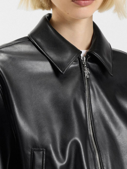 Autene1 Women's Crop Biker Artificial Leather Jacket for Winter Black