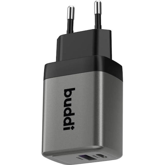 Buddi GaN с USB-A порт и USB-C порт 45W Power Delivery Сив