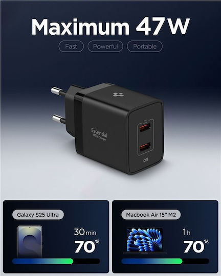 Spigen Φορτιστής Χωρίς Καλώδιο με 2 Θύρες USB-C 47W Μαύρος (Essential)
