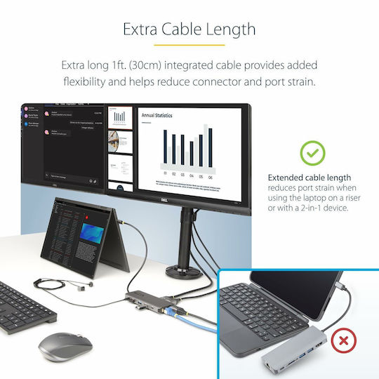StarTech USB-C Docking Station με HDMI/DisplayPort 4K PD Ethernet και σύνδεση 3 Οθονών Ασημί (154B-USBC-MULTIPORT)