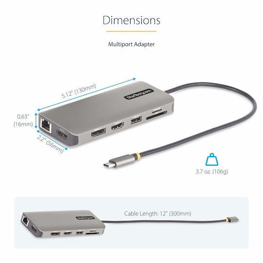 StarTech USB-C Docking Station με HDMI/DisplayPort 4K PD Ethernet και σύνδεση 3 Οθονών Ασημί (154B-USBC-MULTIPORT)