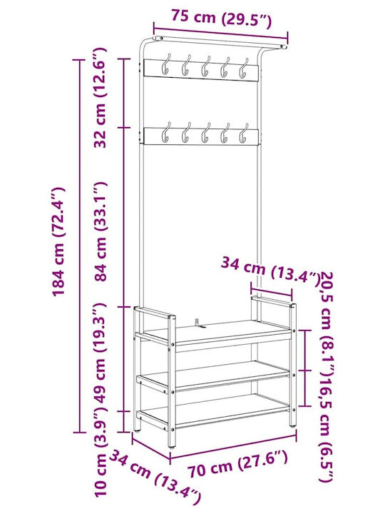 vidaXL Κρεμάστρα Δαπέδου από Ξύλο Μαύρη 75x34x184cm