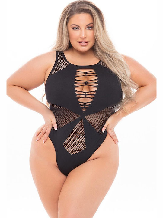Pink Lipstick Lingerie Plus Size Sexy Κορμάκι Διχτυωτό Μαύρο