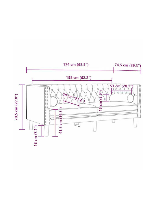 Τριθέσιος Καναπές Βελούδινος Μαύρο 174x74.5x70.5εκ.