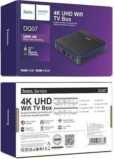 Hoco TV Box DQ07 Primo 47071-OC 4K UHD with WiFi USB 2.0 4GB RAM and 64GB Storage Space with Operating System Android 9.0