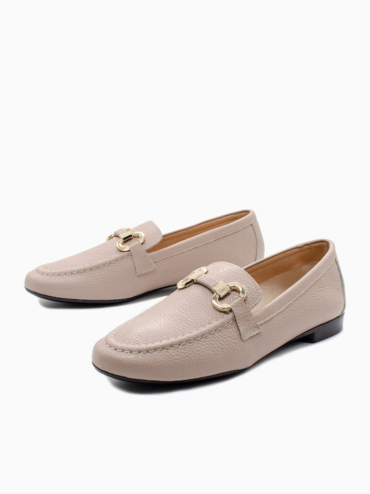 Leather Women's Loafers in Beige Color