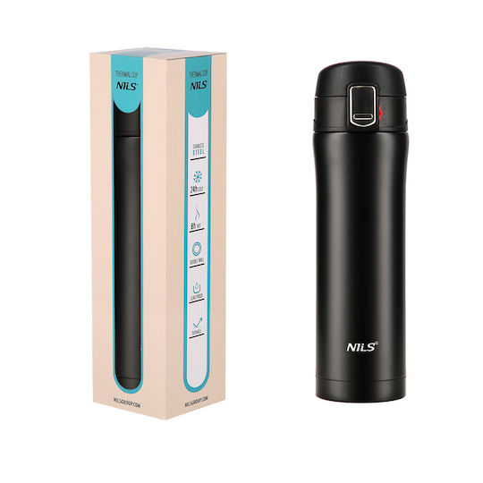 Nils Glass Thermos Stainless Steel 430ml Black with Straw and Handle