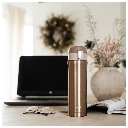 Nils Glass Thermos Stainless Steel 430ml Gold with Straw and Handle