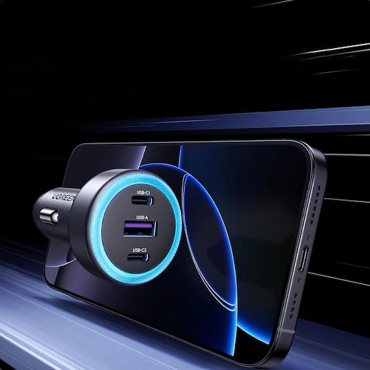 Ugreen EC307 Car Charger 30W 3A with Ports: 1xUSB 2xType-C