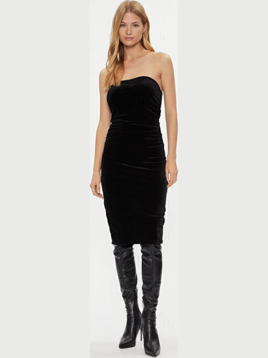 Midi Abendkleid Trägerlos Samt Schwarz