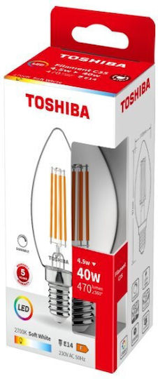 Toshiba LED крушка 4.5W за фасунга E14 и форма C35 Топло бяло 470лм Димируем