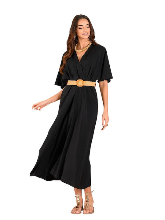 Summer Midi Dress Short Sleeve Wrap Black