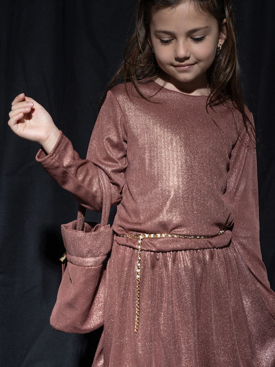 Children's Dress Long Sleeve with Sequins Set with Accessories Bronze Pink