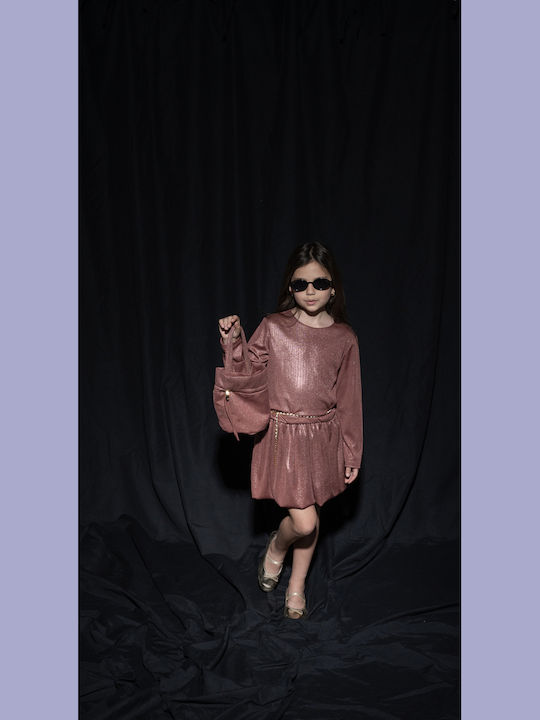 Children's Dress Long Sleeve with Sequins Set with Accessories Bronze Pink