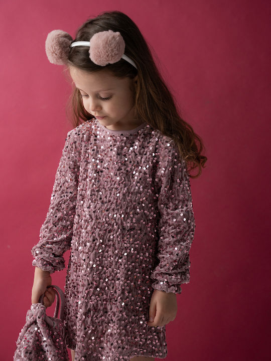 Children's Dress Long Sleeve with Sequins Set with Accessories Pink