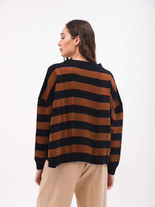 Women's Long Sleeve Sweater Woolen Striped Black/Brown