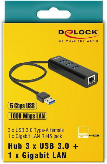 DeLock Hub USB 3 Porturi USB 3.0 cu Conectare USB-A Ethernet