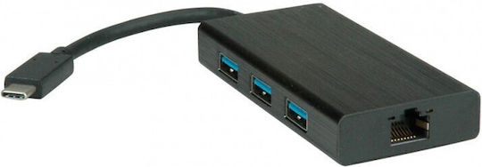 Roline Value Network Adapter 12.99.1109 From Usb Type C 3.1 To 10 100 1000 Rj-45 3x Usb 3.2 Black
