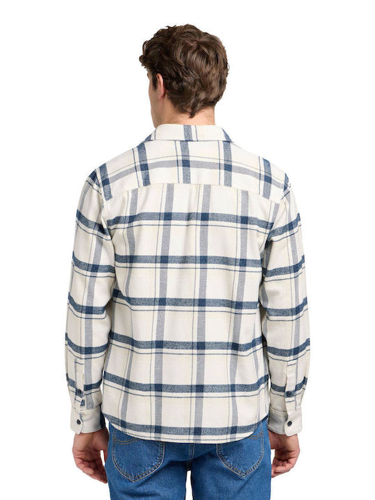 Long Sleeve Cotton Shirt in Regular Fit Checked Ecru
