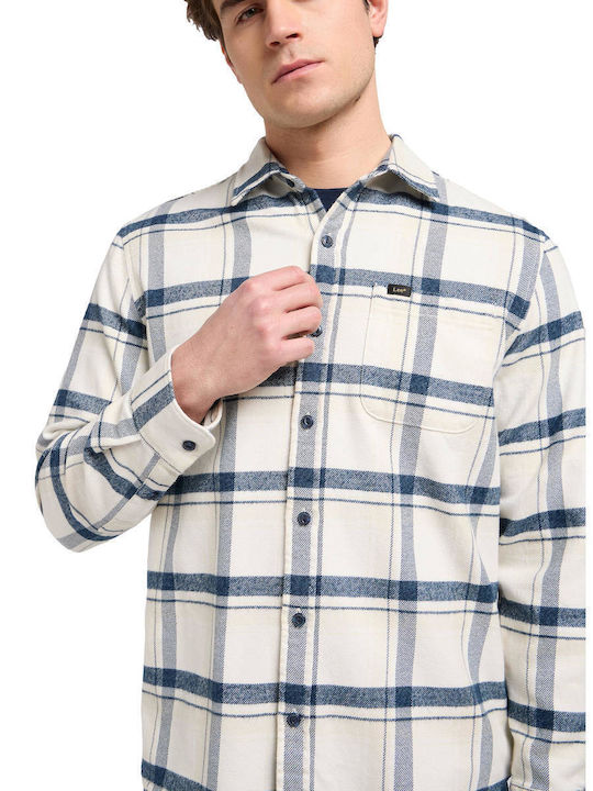 Long Sleeve Cotton Shirt in Regular Fit Checked Ecru
