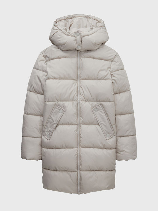 Down Kids Quilted Long Coat with Hood Beige