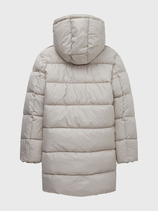 Down Kids Quilted Long Coat with Hood Beige