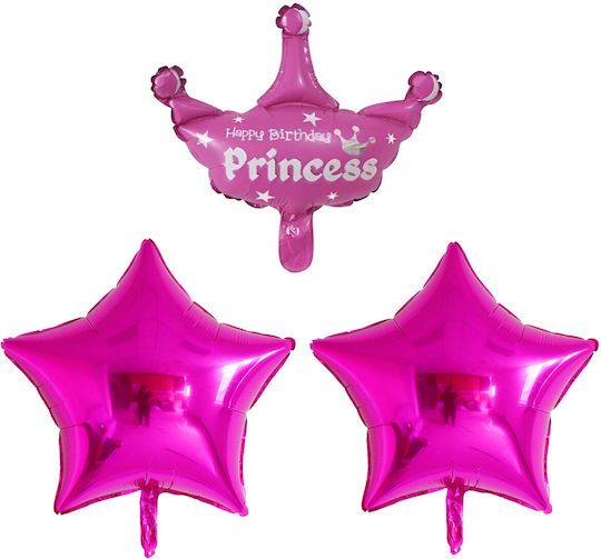 Set 3 Baloane Folie Metalizată Flippy Coroană Stea Figuri Design Aniversări 40 Cm Ambalaj Individual Pai Inclus Umflare Aer Heliu Roz