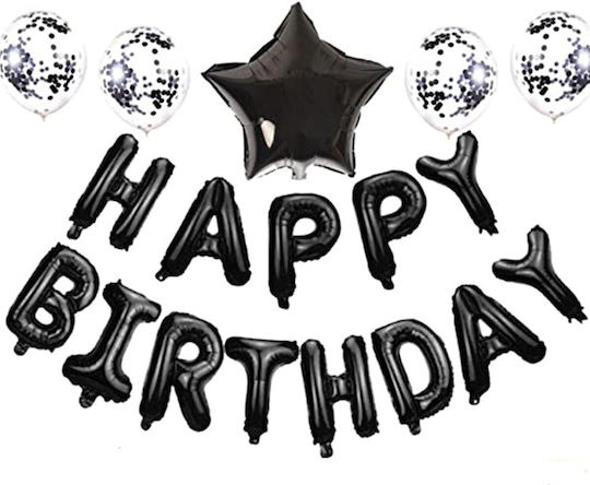 Set 25 Baloane Metalice Folie Latex Flippy 2 Figuri Stea 4 Baloane Confetti 13 Litere 6 Latex Design Happy Birthday Tematică Aniversări 40 Cm Ambalaj Individual Inclus Pai Umflare Aer Heliu Negru