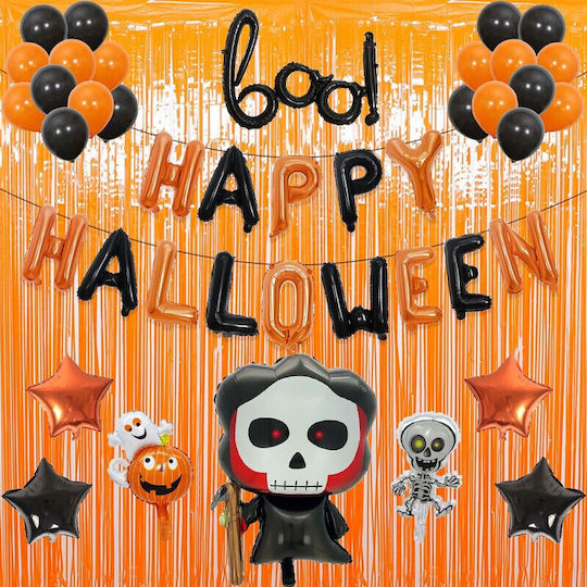 Set 5 Baloane Metalice Folie Figuri Flippy Tematică Halloween Cu Pai Inclus Ambalaj Individual Umflare Aer Heliu Figură Craniu 50,5x74 Cm Stele Cercuri 45 Cm Negru Alb