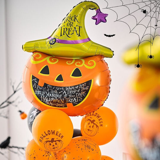 Set 5 Baloane Metalice Folie Figuri Flippy Tematică Halloween Include Pai Ambalaj Individual Umflare Aer Heliu Figurina Dovleac 54x87 Cm Stele Cercuri 45 Cm Multicolor