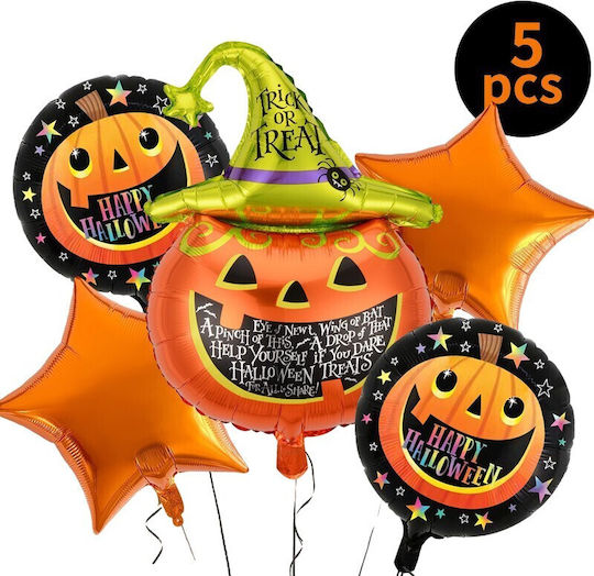 Set 5 Baloane Metalice Folie Figuri Flippy Tematică Halloween Include Pai Ambalaj Individual Umflare Aer Heliu Figurina Dovleac 54x87 Cm Stele Cercuri 45 Cm Multicolor