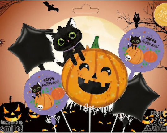 Set 5 Baloane Metalice Folie Figuri Flippy Tematică Halloween Include Pai Ambalaj Individual Umflare Aer Heliu Figurina Dovleac Pisică 84x69 Cm Stele Cercuri 45 Cm Multicolor